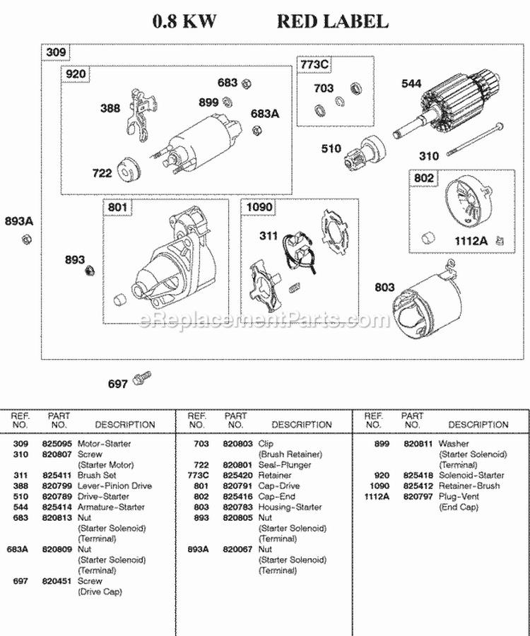Starter Motor 08Kw Red Label Diagram and Parts List for 430447-0105-01  Briggs and Stratton Engine